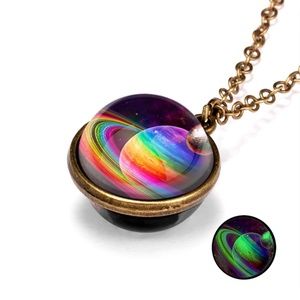 Rainbow Saturn Planet Globe Sphere Glow in the Dark Necklace